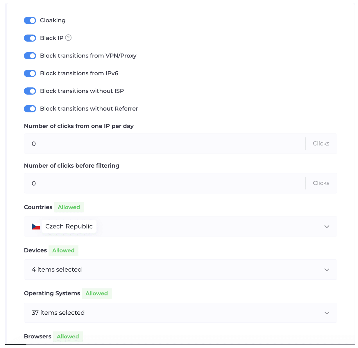 Настройки фильтров в Cloaking House: блокировка VPN, таргетинг по странам