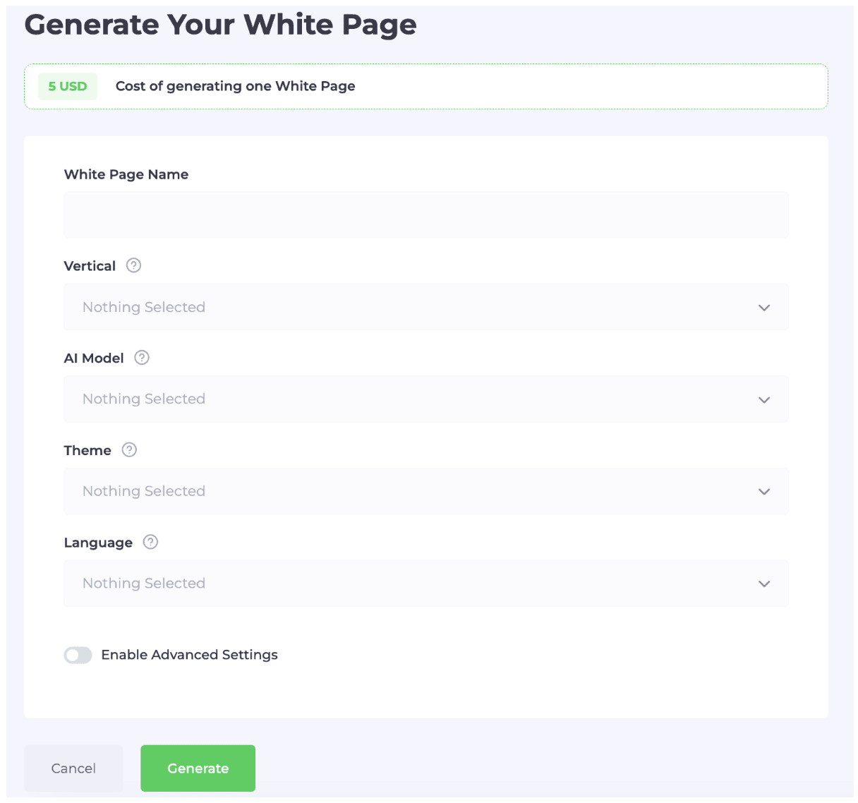 Интерфейс генератора White Page в Cloaking House