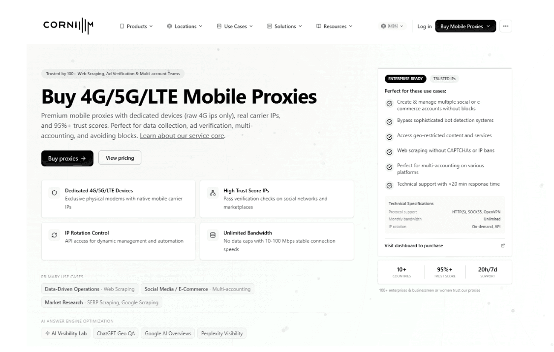 Coronium.io homepage showing 4G/5G/LTE Mobile Proxy features including dedicated devices, high trust score IPs, IP rotation control, and unlimited bandwidth