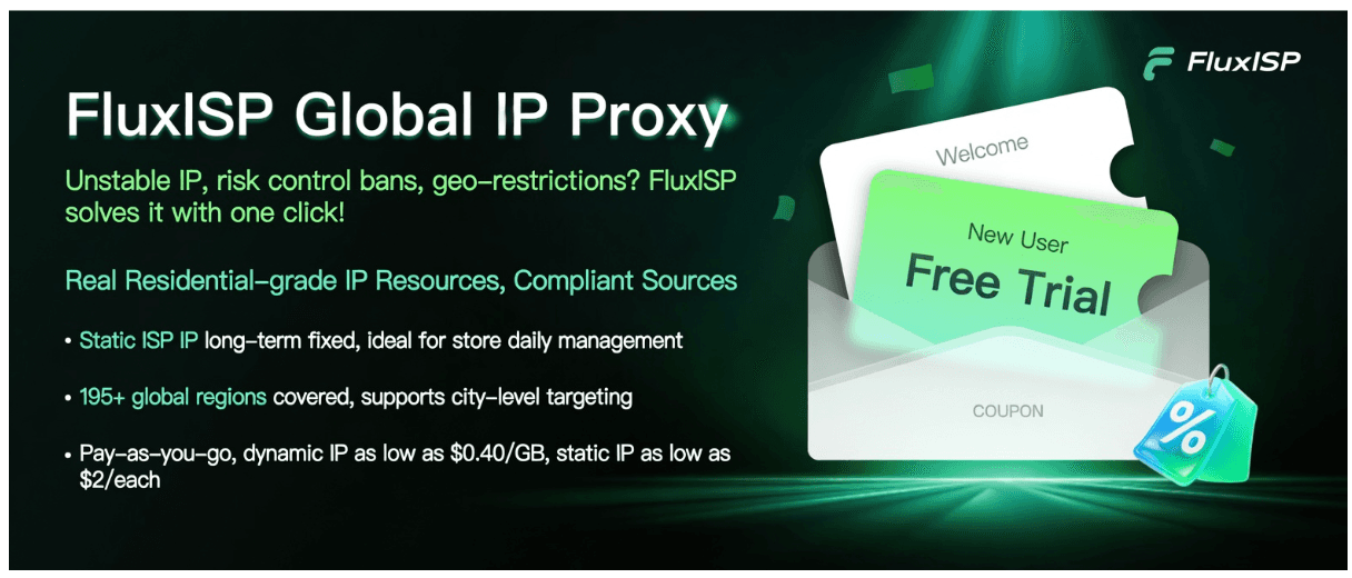 Fluxisp Global IP Proxy——真实住宅级 IP、195+ 全球地区、动态 IP 低至 $0.40/GB、静态 IP 低至 $2/个、新用户免费试用