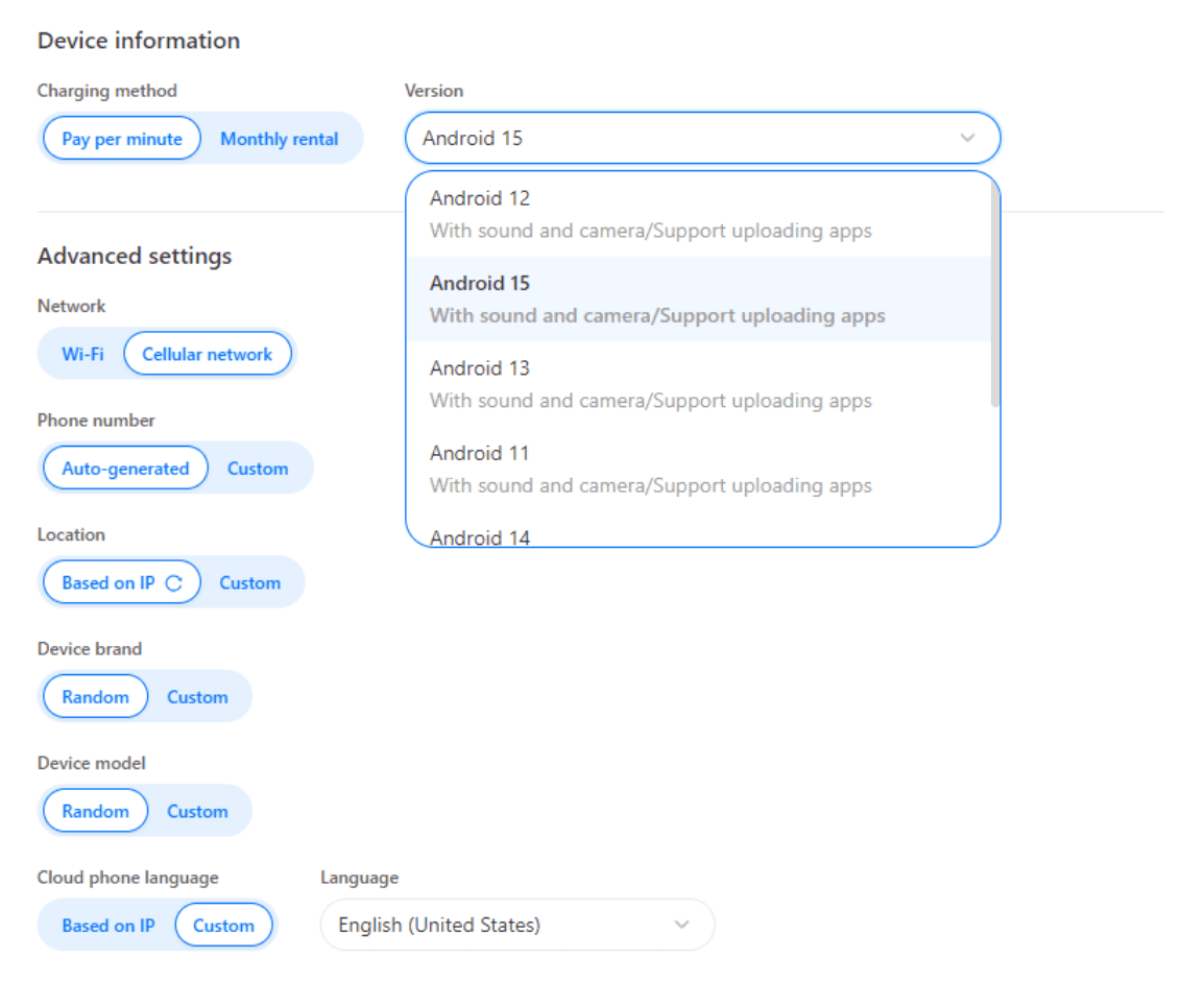 GeeLark настройки Device Info - выбор версии Android и параметров устройства