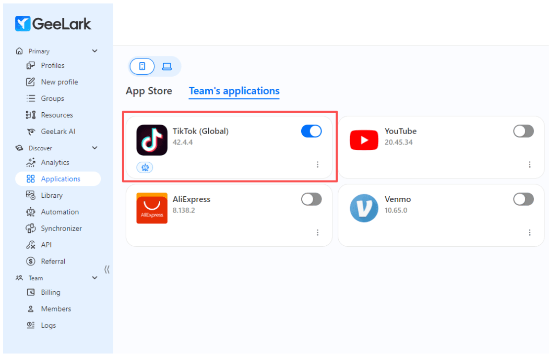 GeeLark Team's Applications - массовая установка TikTok