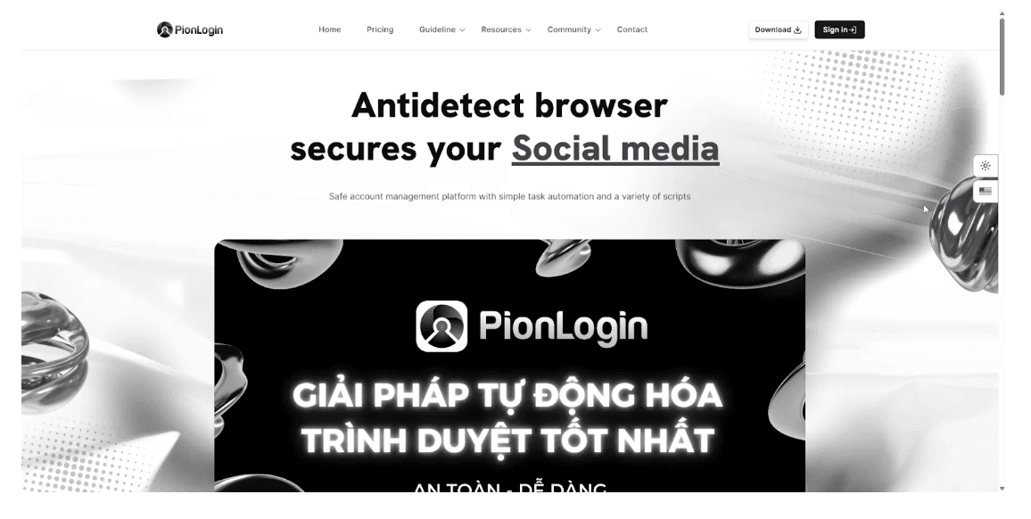 PionLogin antidetect browser homepage — safe account management platform with simple task automation and a variety of scripts