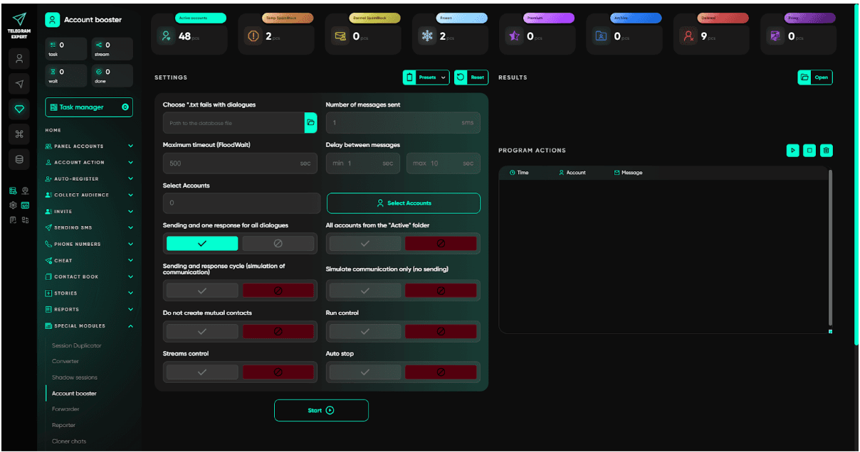 Telegram Expert Account Booster module — settings for mutual messaging simulation, delay between messages, account selection, sending and response cycle, and streams control