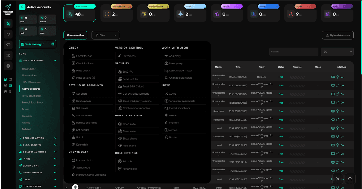 Telegram Expert Active Accounts panel — bulk actions menu showing set photo, set names, set bio, set 2FA, remove 2FA, privacy settings, and account status management