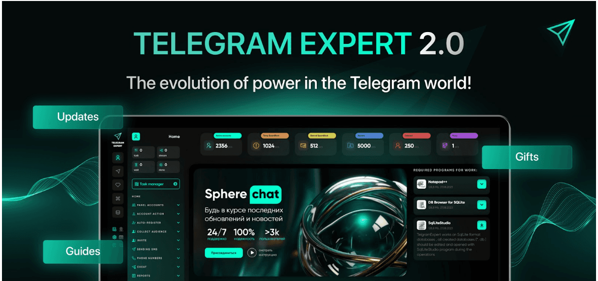 Telegram Expert 2.0 dashboard — the evolution of power in the Telegram world, showing account management, auto-registration, invite, and sending modules