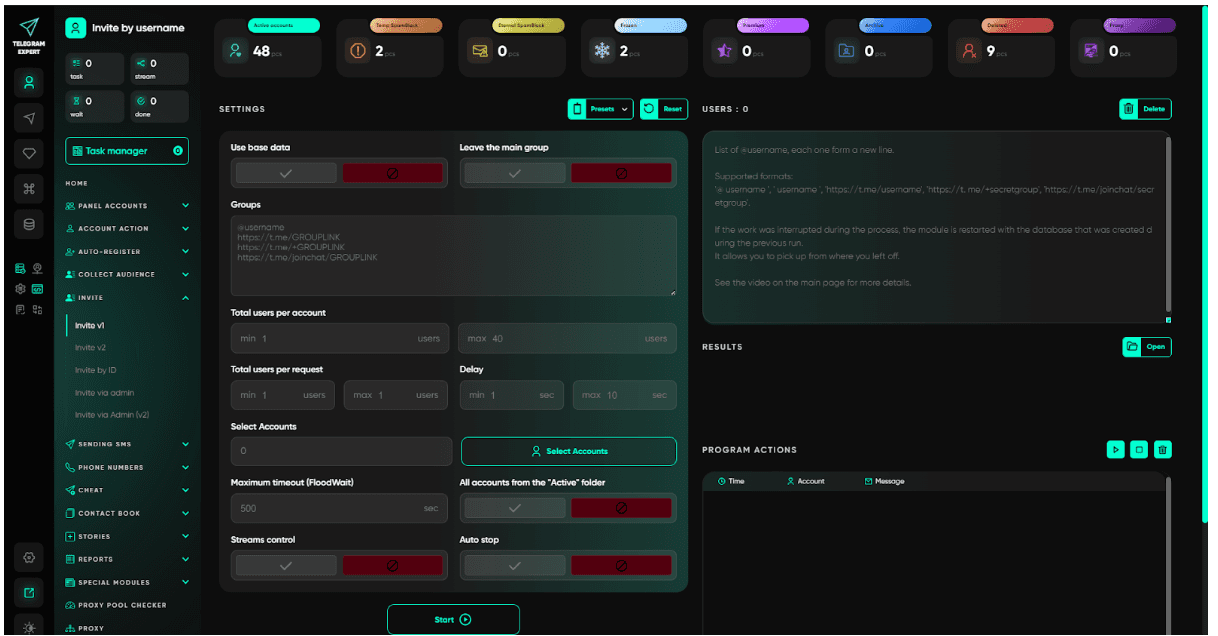 Telegram Expert Invite V1 module — groups input, total users per account, total users per request, delay settings, account selection, streams control, and auto stop