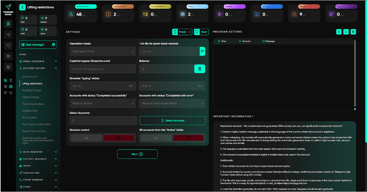 Telegram Expert Lifting Restrictions module — operation mode, captcha bypass via 2captcha, simulate typing status, account selection, streams control, and SpamBot removal tips