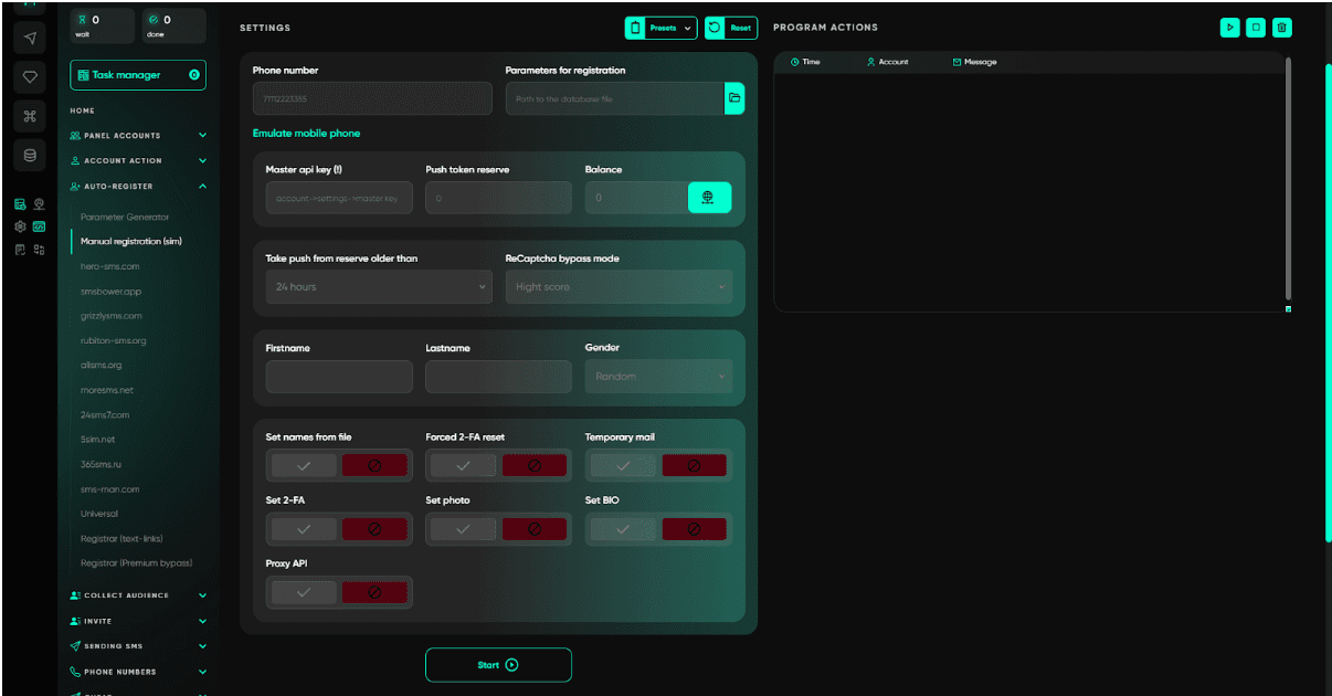 Telegram Expert Manual registration (SIM) module — phone number input, emulate mobile phone settings, set 2FA, photo, BIO, proxy API configuration