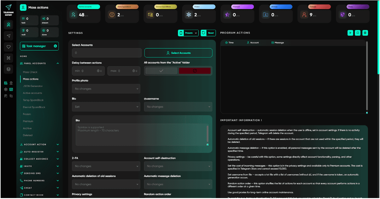 Telegram Expert Mass Actions module — delay between actions, profile photo, bio, username, 2FA, account self-destruction, automatic session deletion, and random action order settings