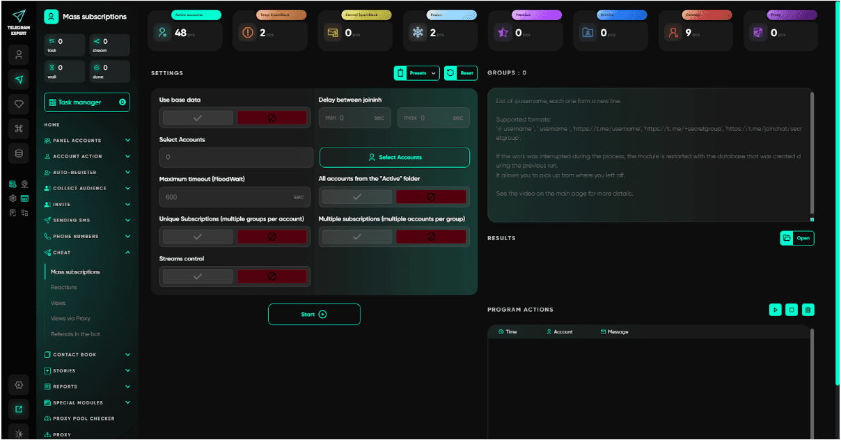 Telegram Expert Mass subscriptions module — settings for delay between joining, account selection, unique subscriptions per account, multiple subscriptions per group, and streams control