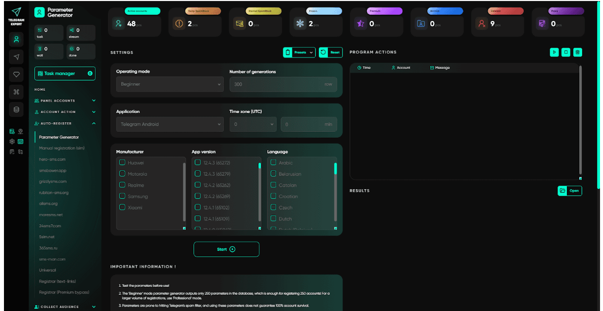 Telegram Expert Parameter Generator — configure manufacturer, app version, language, timezone and operating mode for unique device fingerprints per account