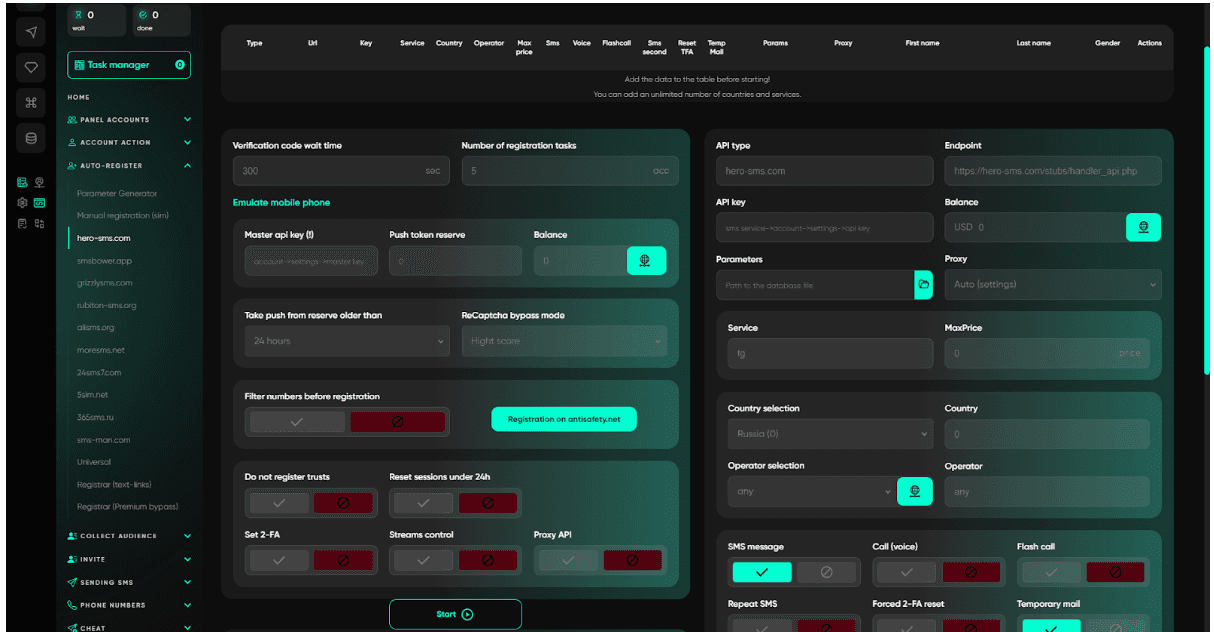 Telegram Expert SMS registration module — showing SMS service providers list, verification code wait time, emulate mobile phone settings, country and operator selection, and API configuration