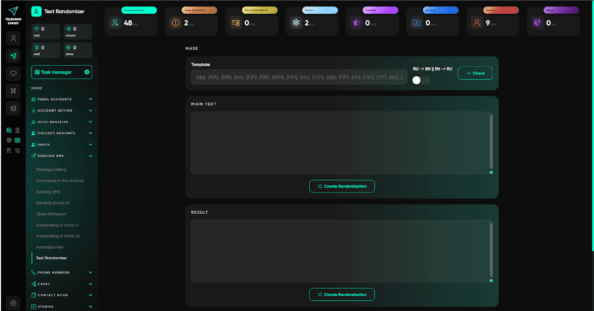 Telegram Expert Text Randomizer module — mask template with character substitution patterns, main text input, and result preview for creating unique randomized messages