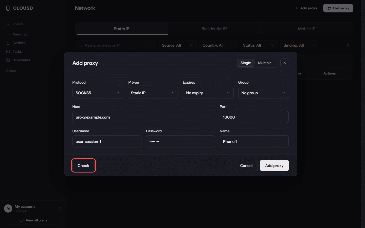 Clousd Add proxy form with protocol, host, port, username and password fields