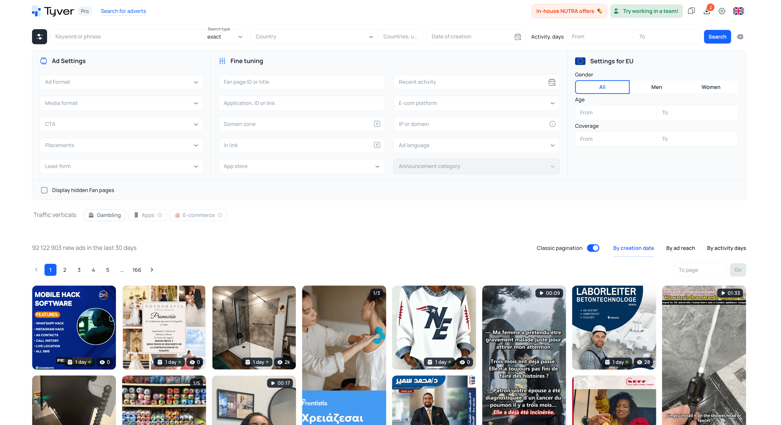 Tyver Advanced Filters - Search interface with Ad Settings, Fine tuning, and EU settings