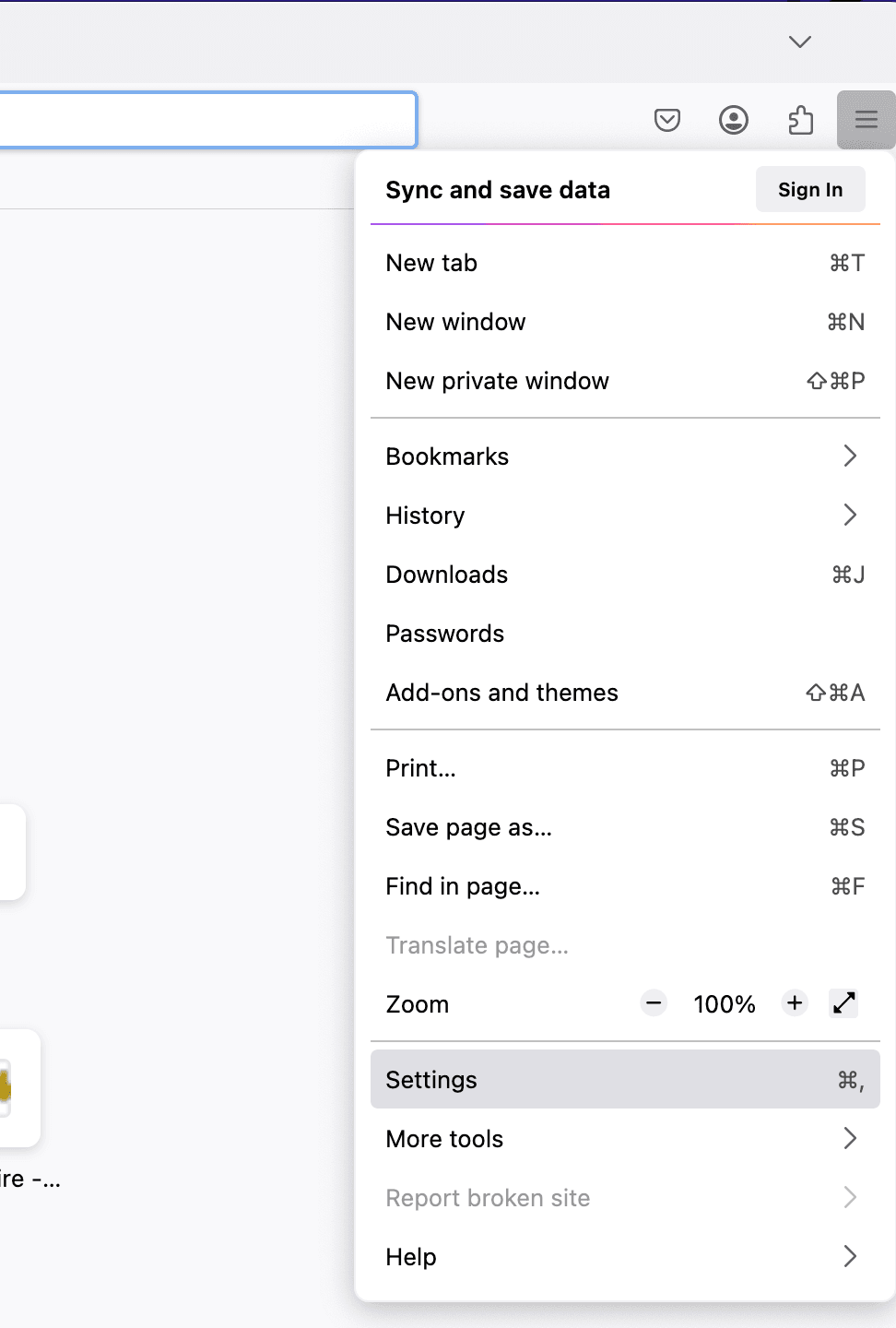 Firefox Menu Navigation to Settings