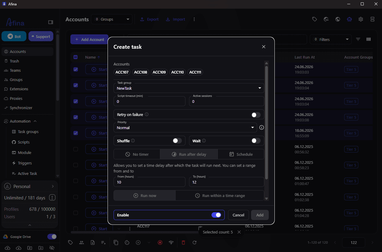Creating an automated task with a controlled delay