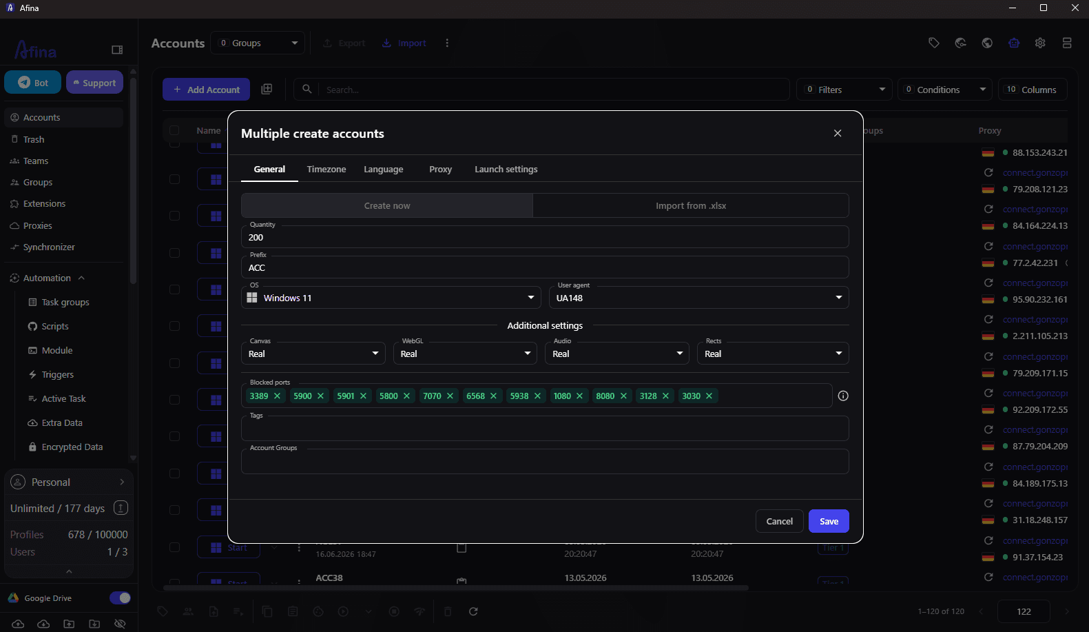 Bulk profile creation screen