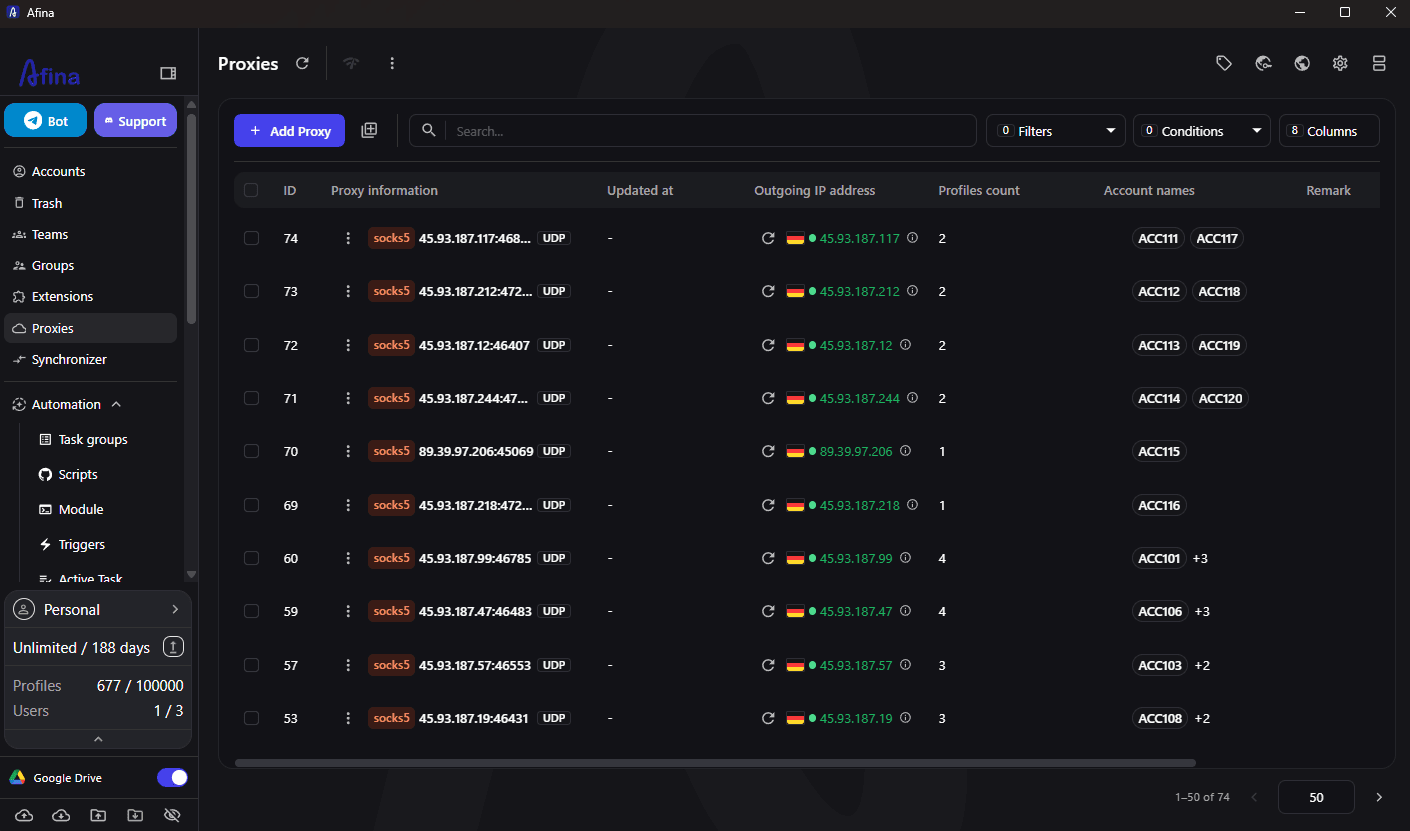 Centralized proxy inventory and profile assignments in Afina