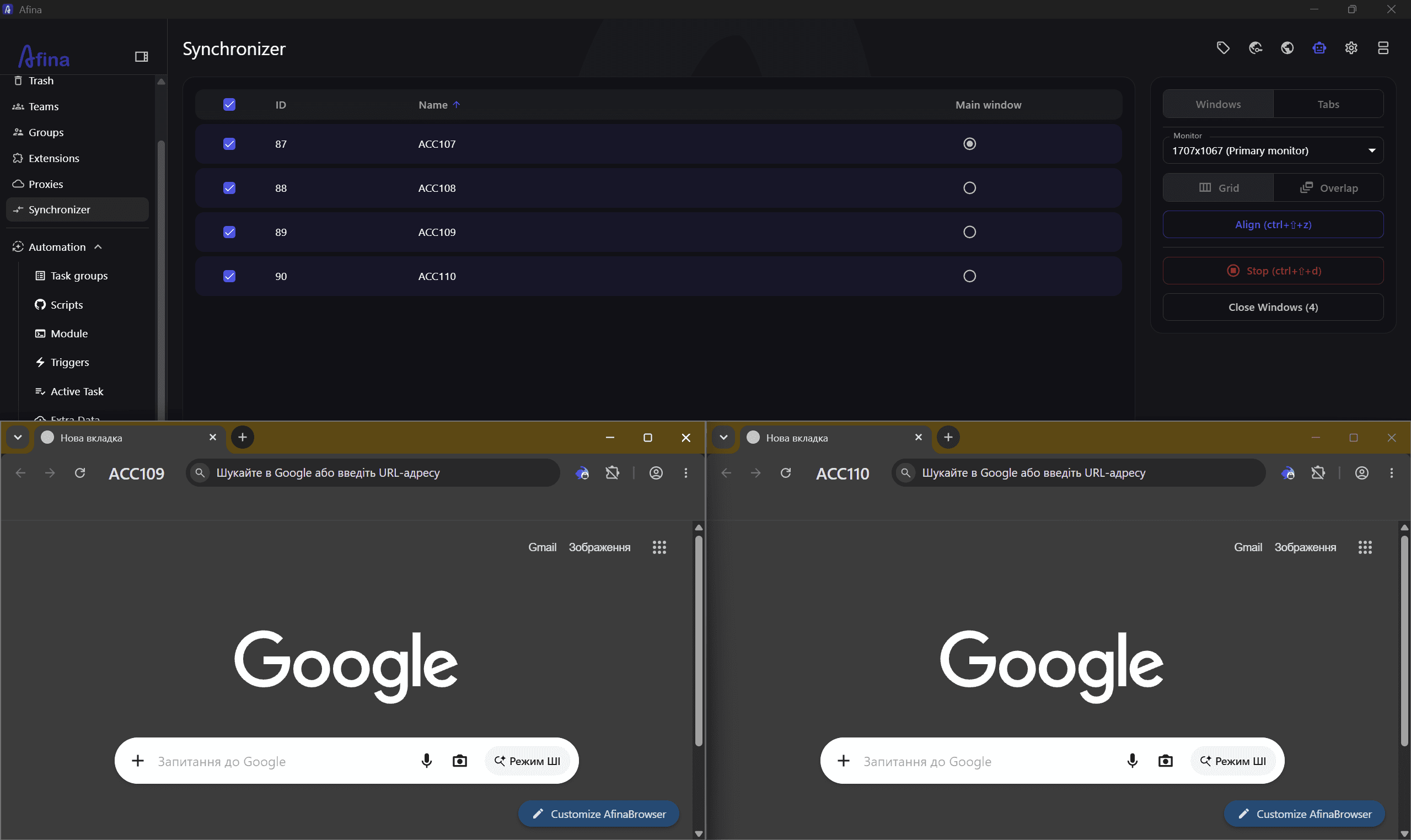 Synchronizer controlling several open browser windows