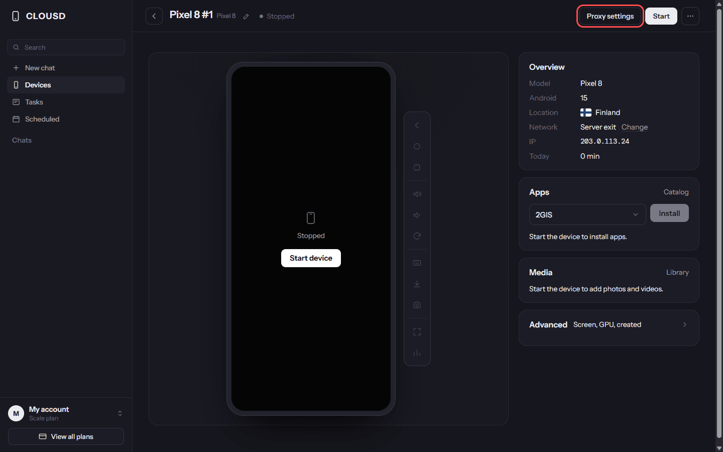 Clousd phone page with the Proxy settings button