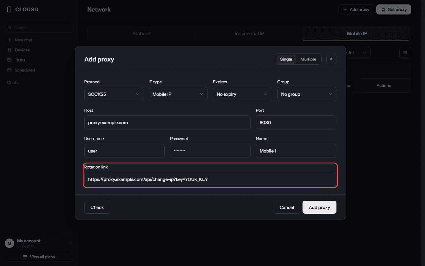 Clousd Rotation link field for an IP-change URL
