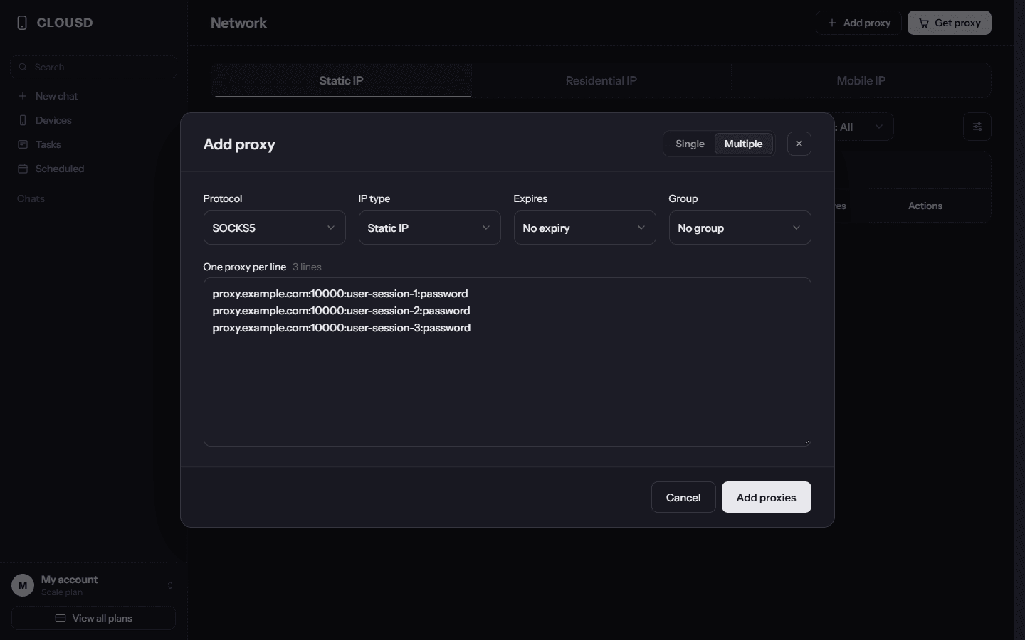 Pasting several proxies into Clousd, one per line